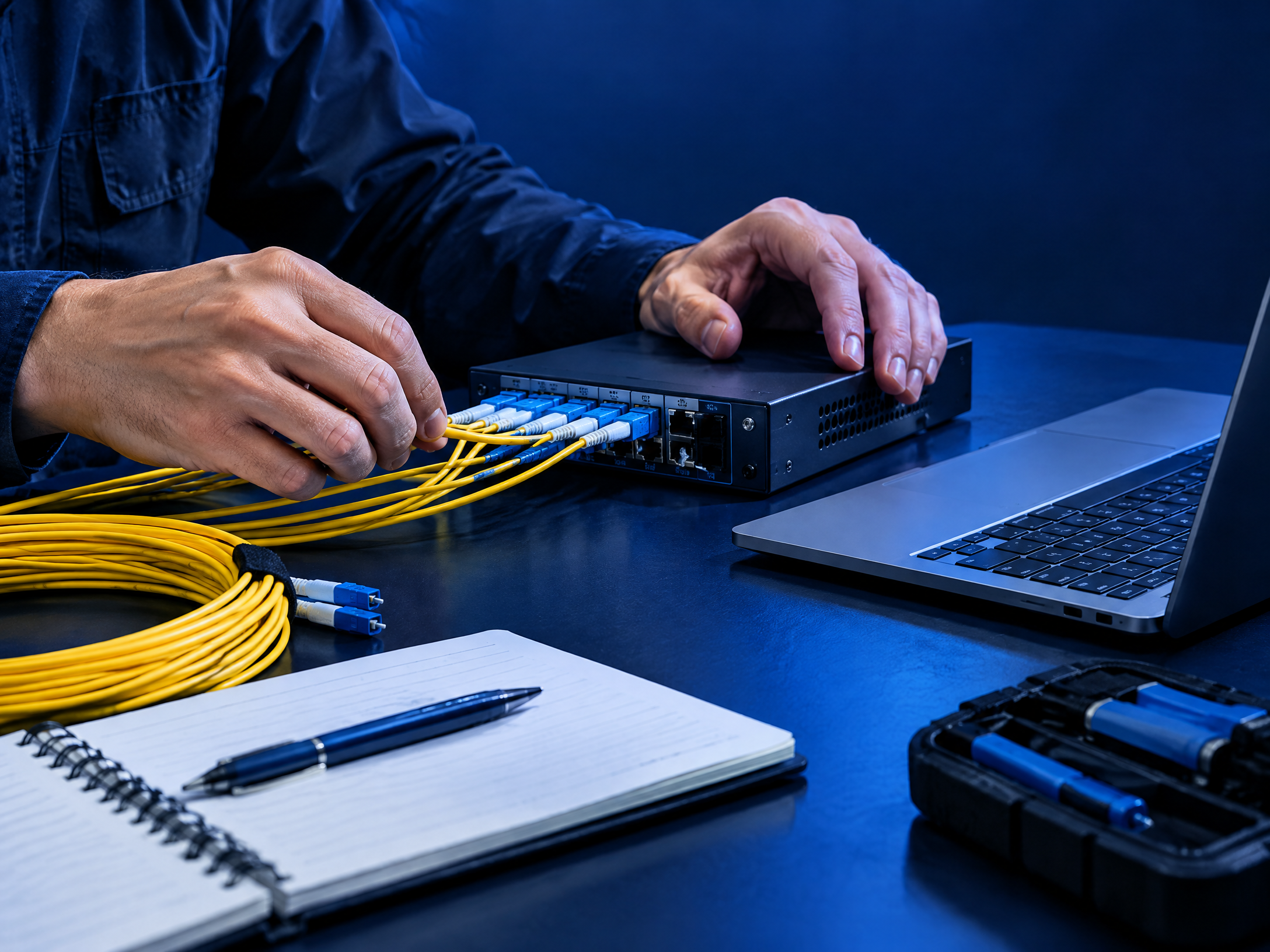 Profesional organizando conexiones de fibra óptica junto a un equipo de red